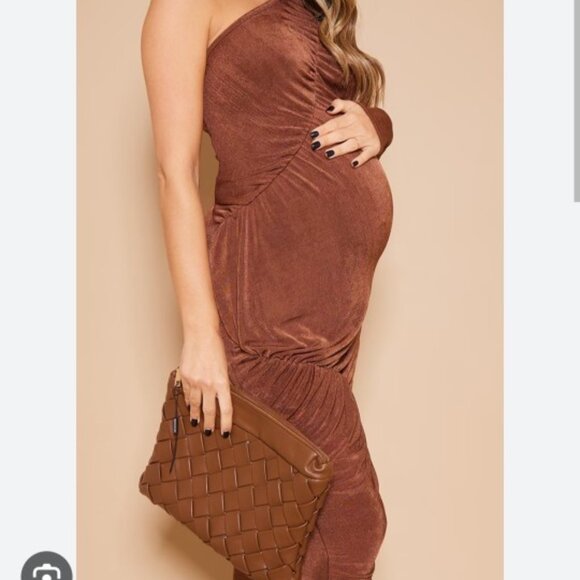 PREATYYLITTLETHING Dresses & Skirts - Prettylittlething Maternity Chocolate Ruched Seam Detail Acetate Slinky Dress S